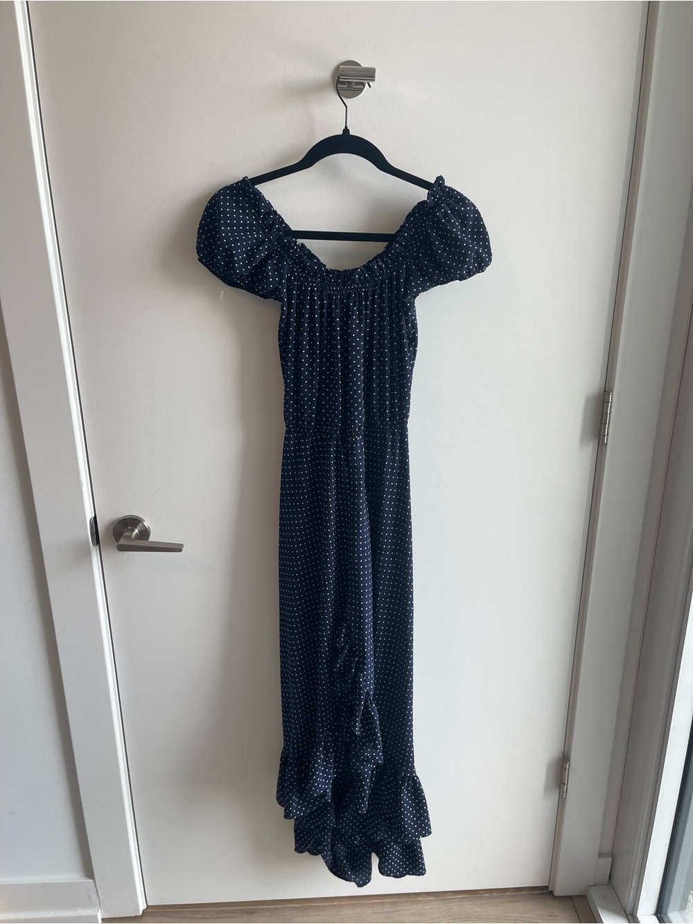 AQUAWomen's Navy Blue Polka Dot Maxi Dress with Puff Sleeves
